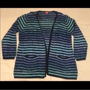 Jones New York Open Cardigan Sweater Womens 2XL Blue Striped 100% Cotton Pockets